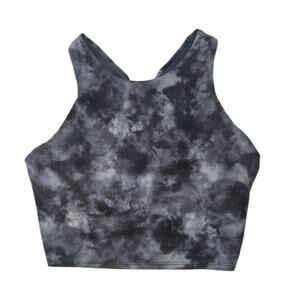 Athleta Womens Conscious Crop Top Size M Tie Dye Printed Built in Bra Black Gray